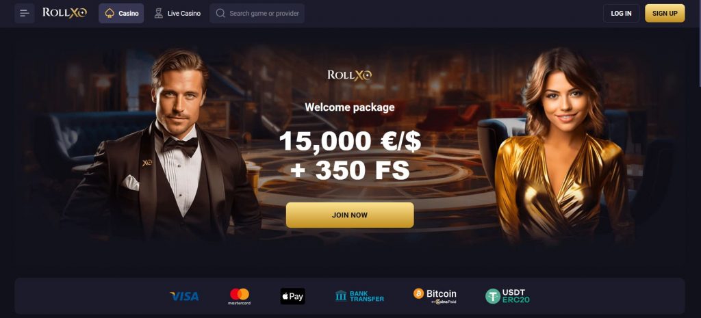 RollXO Casino homepage with pokies and bonus banner