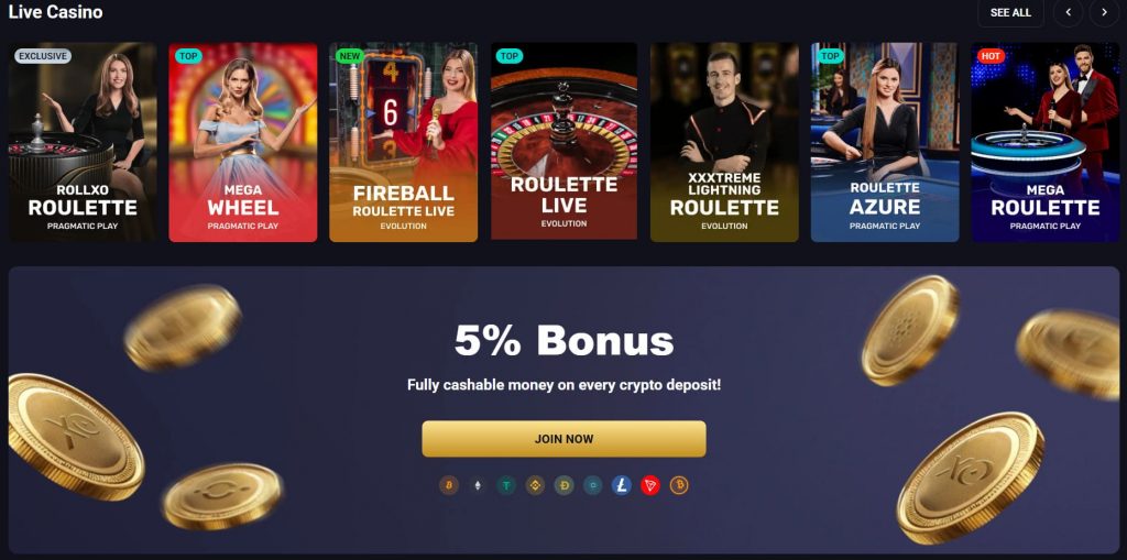 RollXO Casino payment methods page