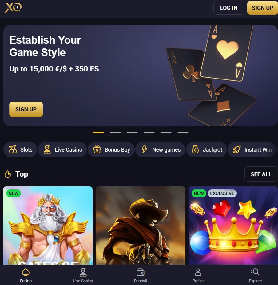 RollXO Casino mobile app lobby on smartphone