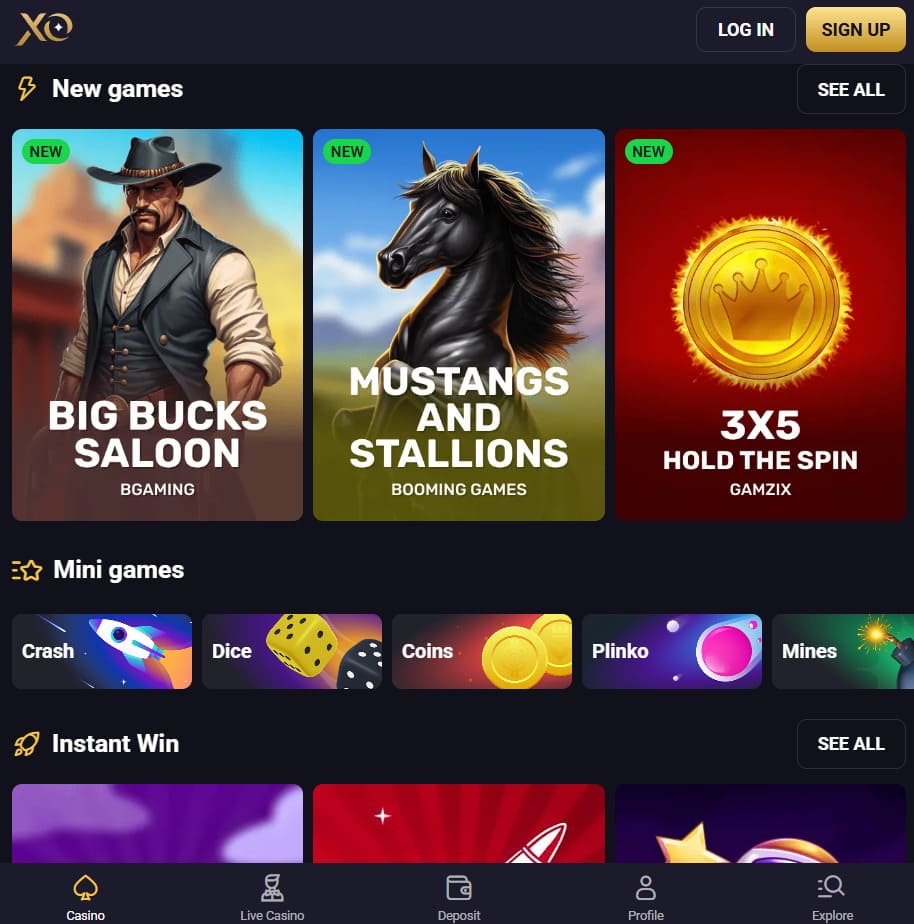 Player using RollXO Casino mobile app on tablet